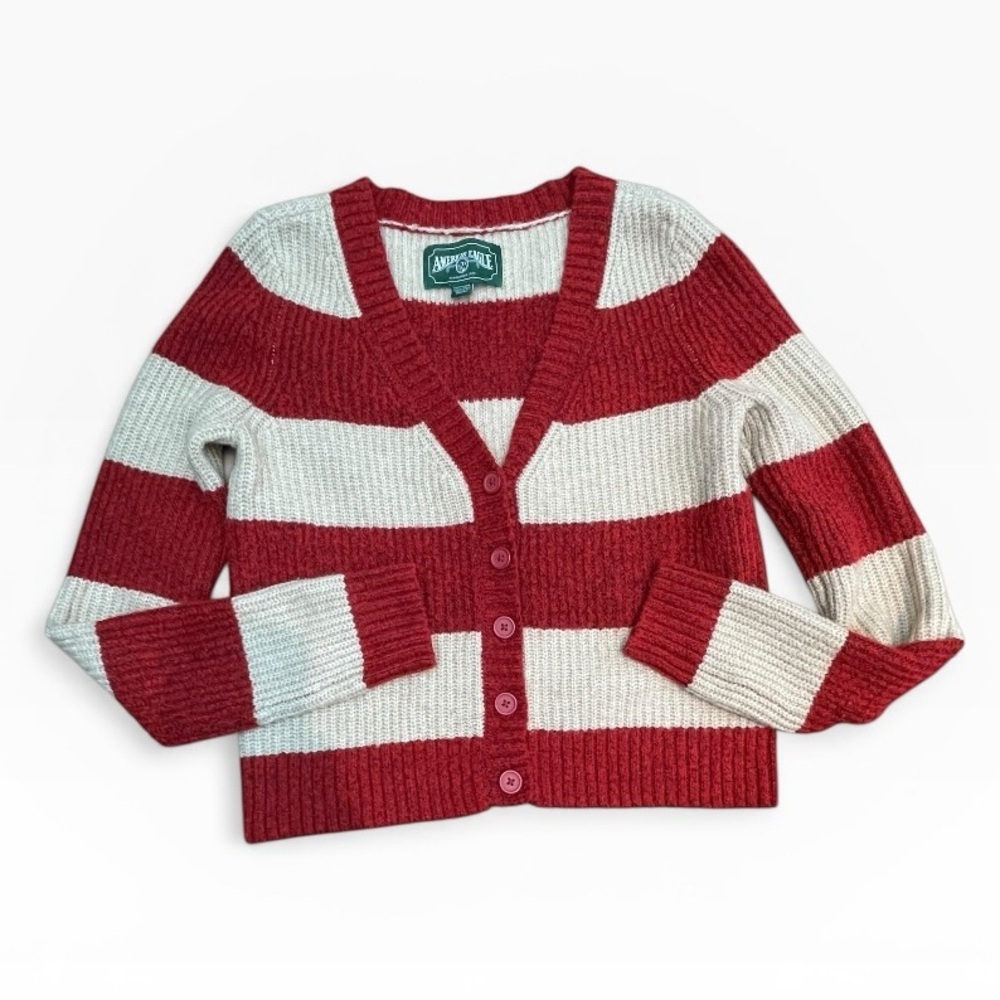 American Eagle Outfitters Red and Cream Wide-Stripe V-Neck Cardigan Size: XS - Picture 3 of 7